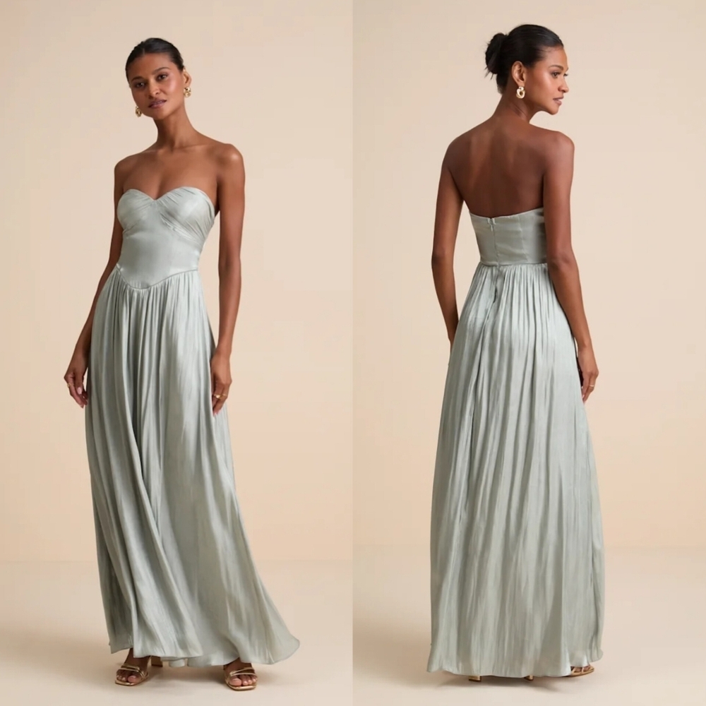 Lulus Kylin Sage Satin Basque Waist Maxi Dress XS Wedding Party Prom Formal - Picture 1 of 10